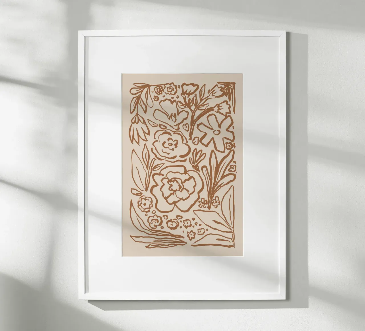 Abstrakte braune botanische Linienkunst auf Beige Hahnemühle von Melloi Art Print