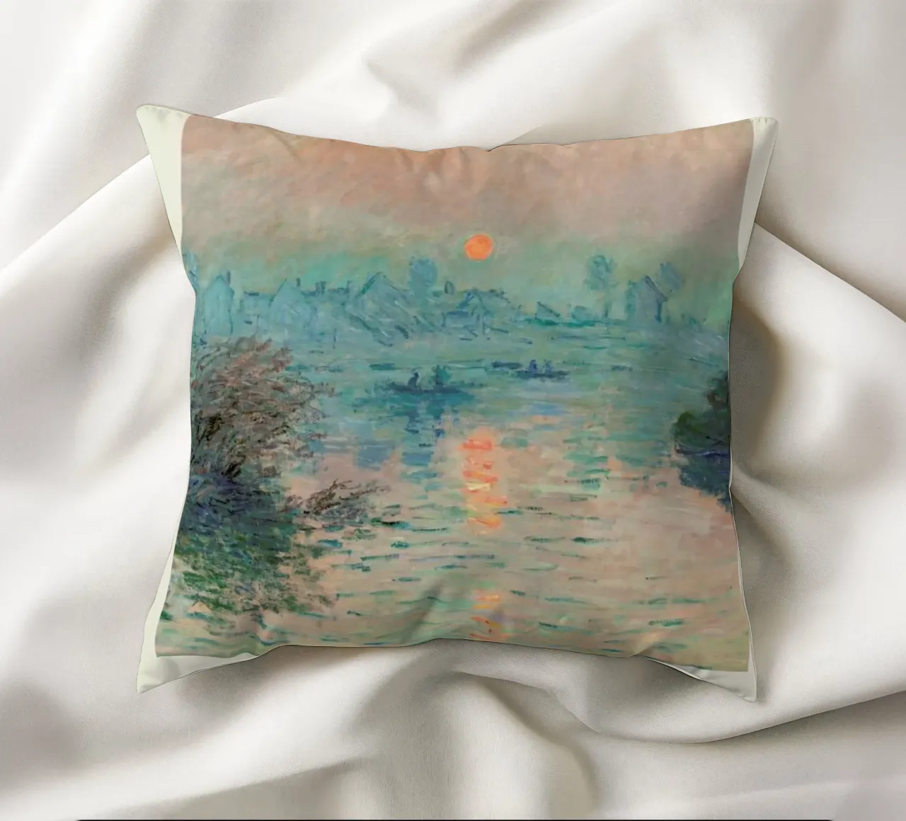 Monet – Signed Sun Setting on the Seine cuscino da Vintage by JUNIQE