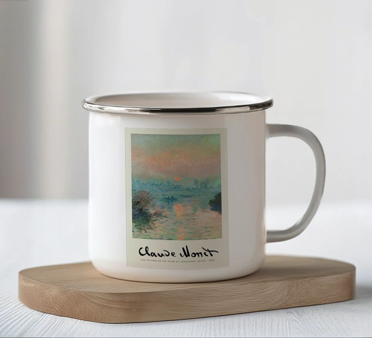 Monet – Signed Sun Setting on the Seine Emaille Tasse von Vintage by JUNIQE