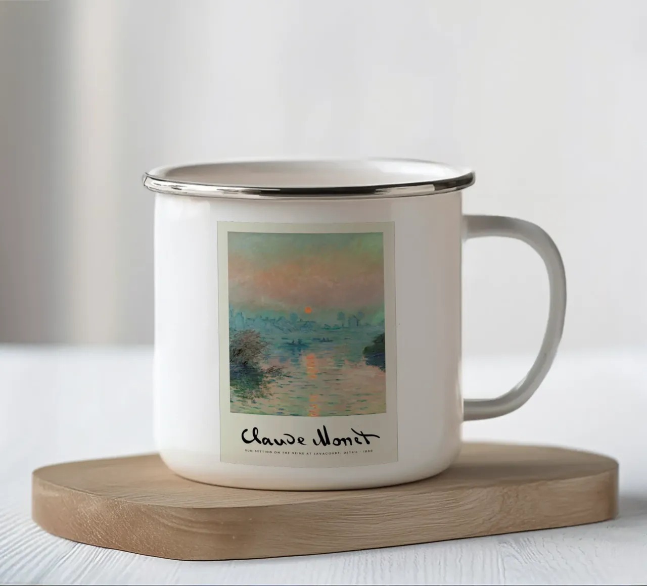 Monet – Signed Sun Setting on the Seine Emaille Tasse von Vintage by JUNIQE