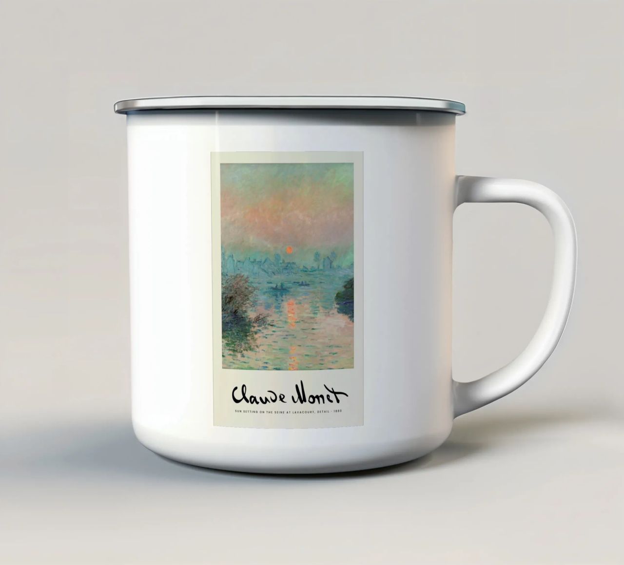 Monet – Signed Sun Setting on the Seine Emaille Tasse von Vintage by JUNIQE