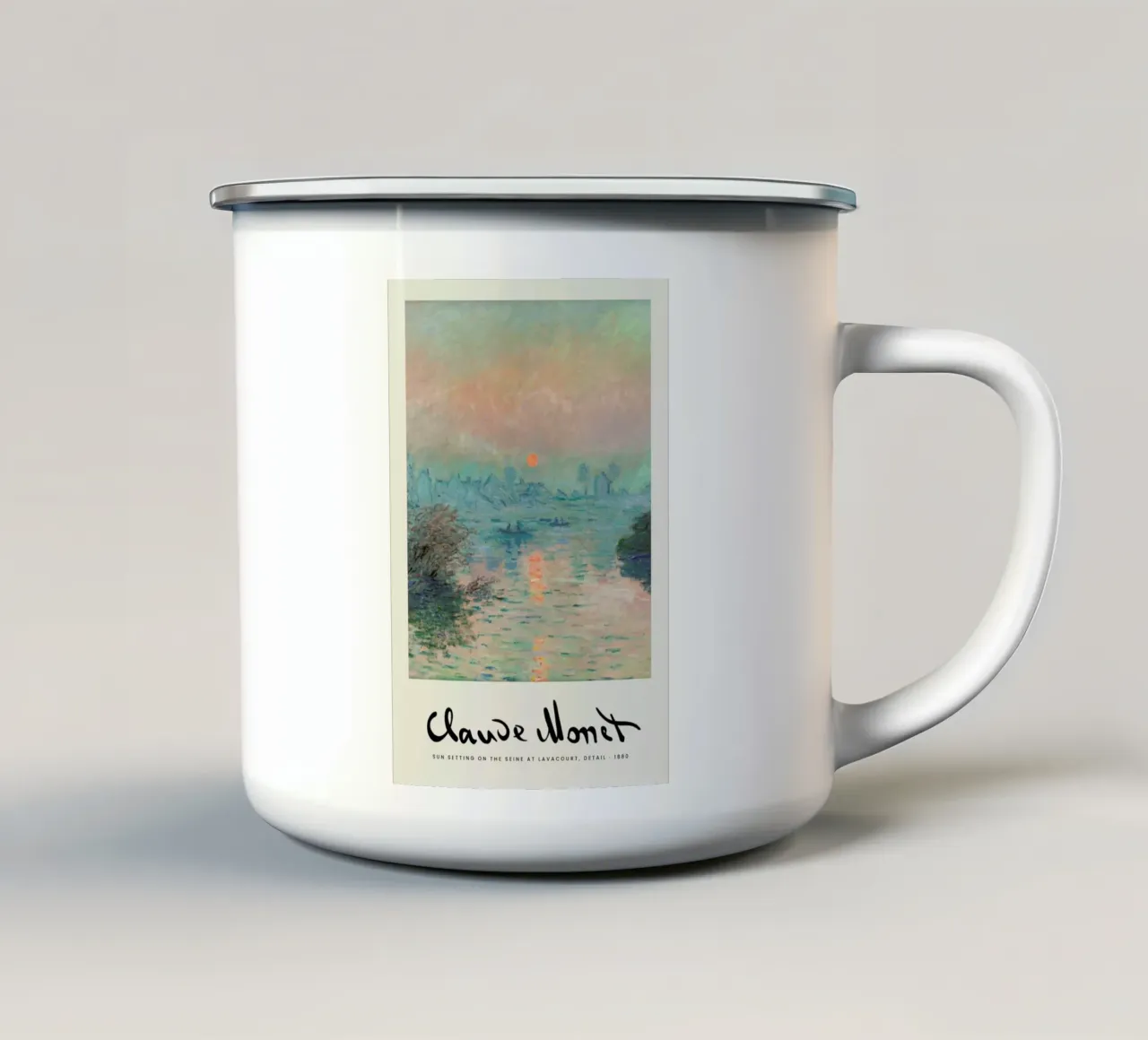 Monet – Signed Sun Setting on the Seine emaille mok van Vintage by JUNIQE