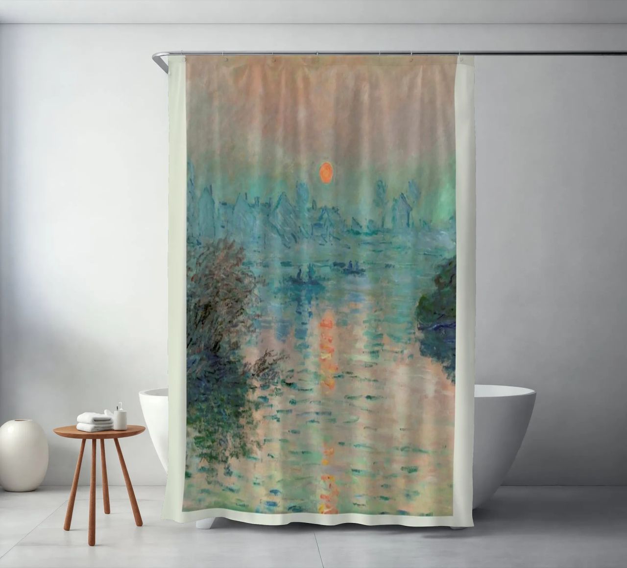 Monet – Signed Sun Setting on the Seine Duschvorhang von Vintage by JUNIQE