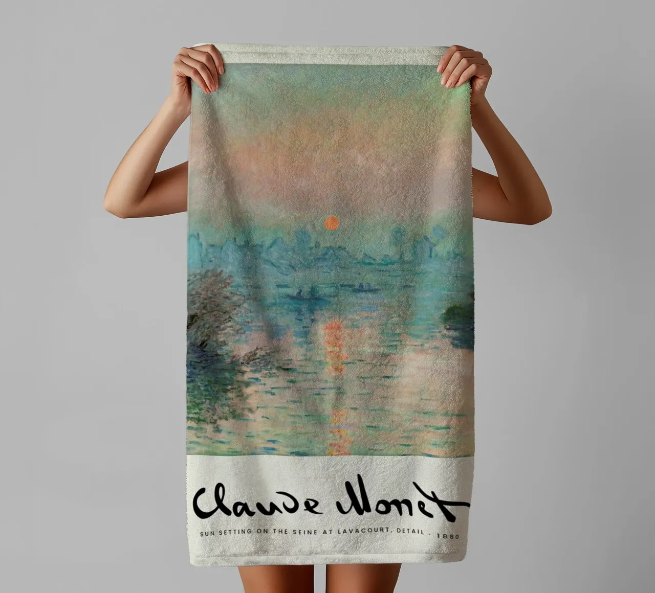 Monet – Signed Sun Setting on the Seine badhanddoek van Vintage by JUNIQE