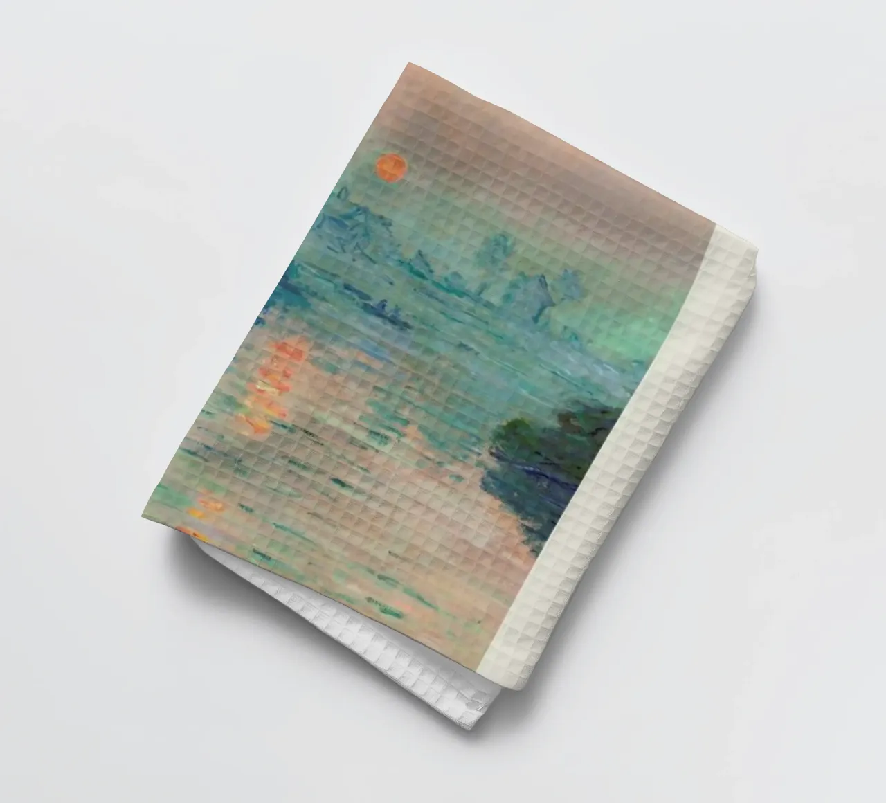 Monet – Signed Sun Setting on the Seine paño de cocina de Vintage by JUNIQE
