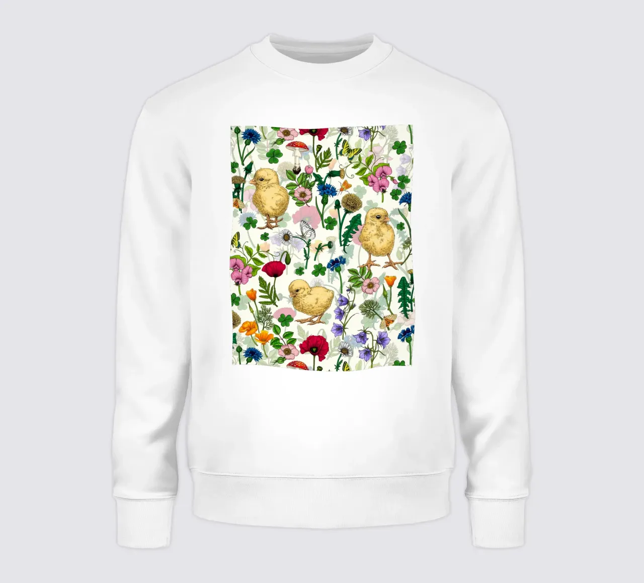 Polli e fiori di campo su bianco sporco felpa da Painted Nature