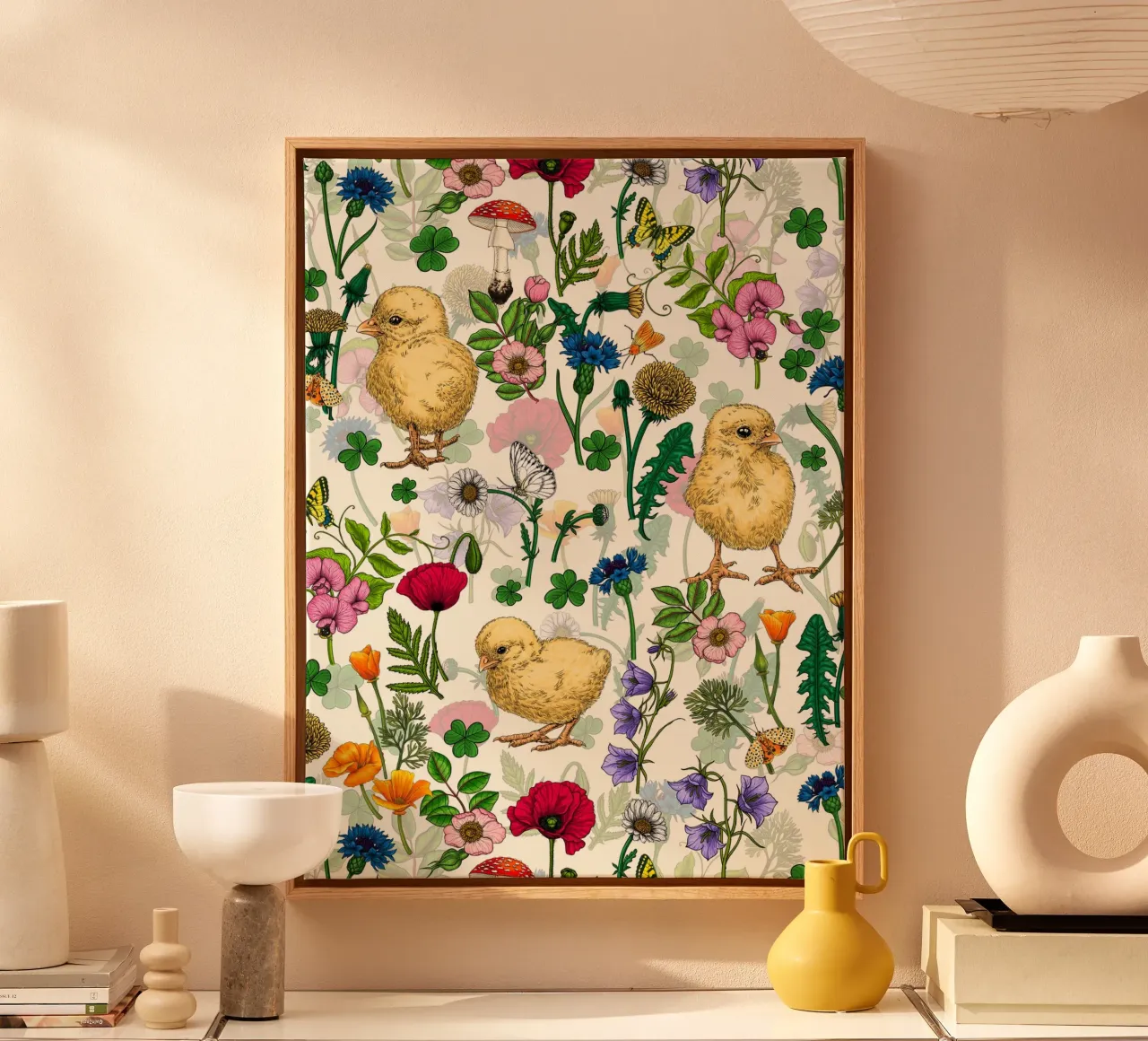 Kippen en wilde bloemen op gebroken wit canvas met Baklijst van Painted Nature