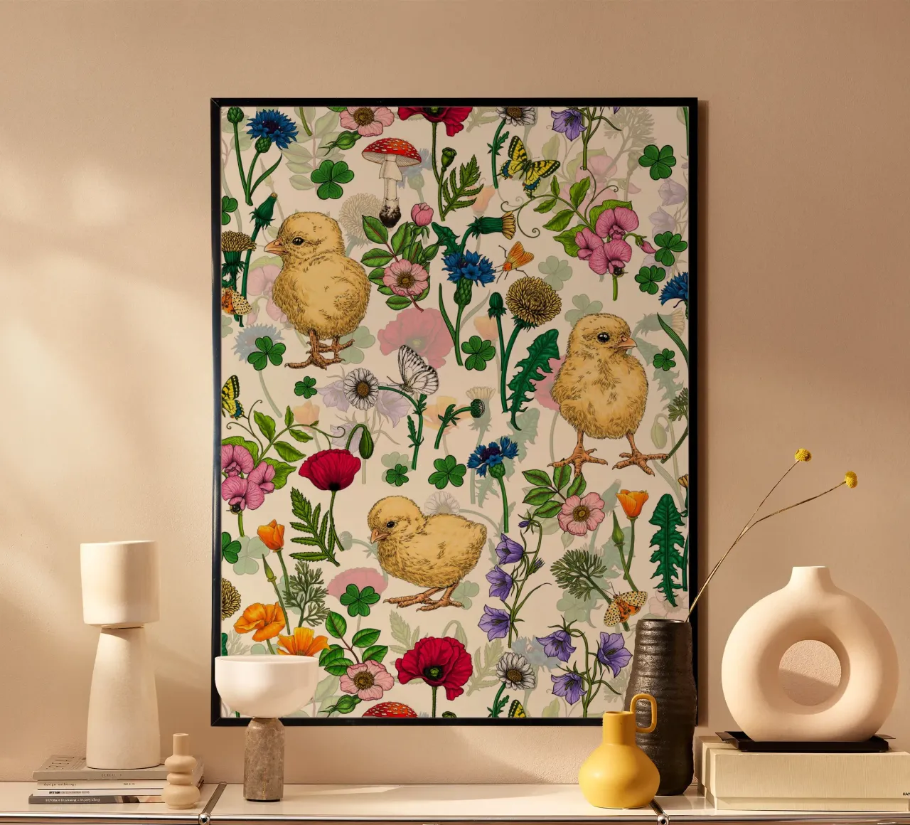 Polli e fiori di campo su bianco sporco poster da Painted Nature