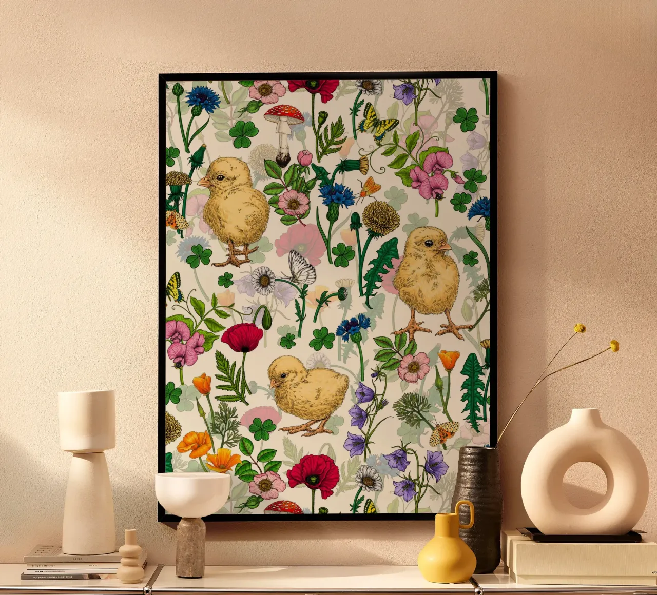 Polli e fiori di campo su bianco sporco poster da Painted Nature