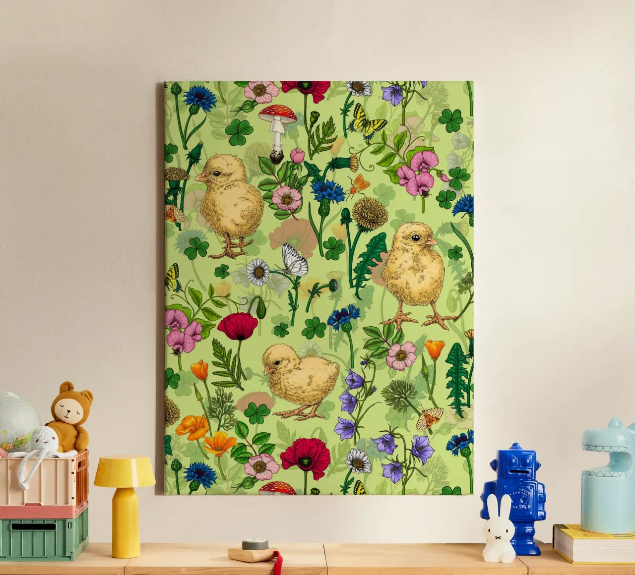 Kippen en wilde bloemen op honingdauwgroen canvas met Baklijst van Painted Nature