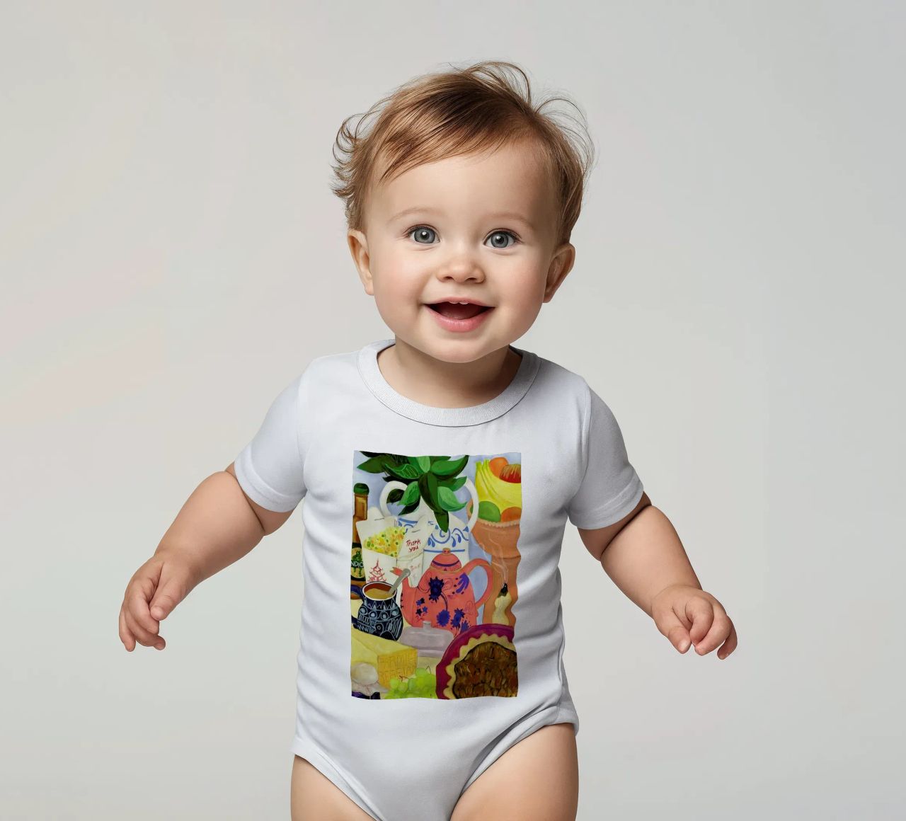 Big Clutter No. 2 short-sleeve baby romper by Paloma Kua