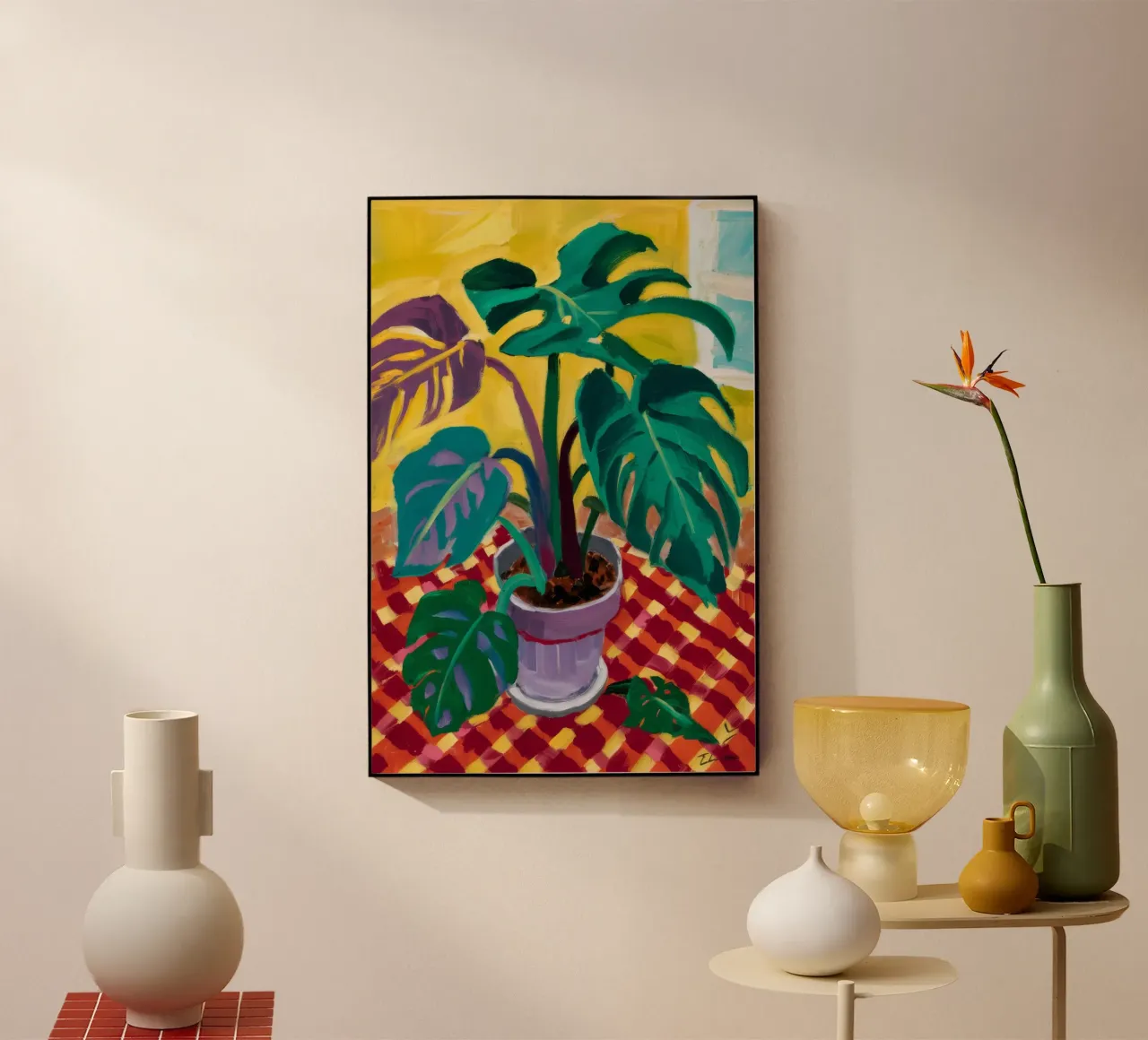 Monstera on Checkers acrylic glass by Dawn Light