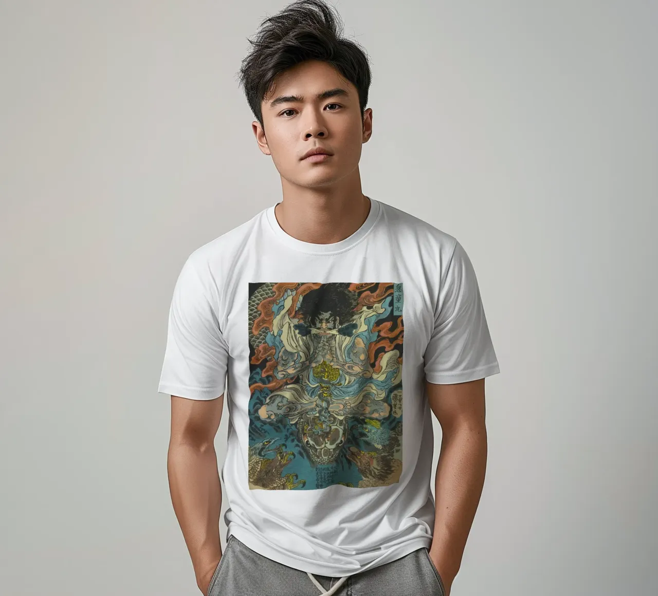 Guerrier samouraï battant un python - Ukiyo-e japonais d'époque t-shirt de Masterpieces Of Japanese Art