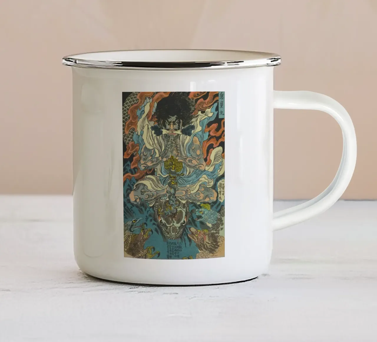 Guerrier samouraï battant un python - Ukiyo-e japonais d'époque mug en émail de Masterpieces Of Japanese Art
