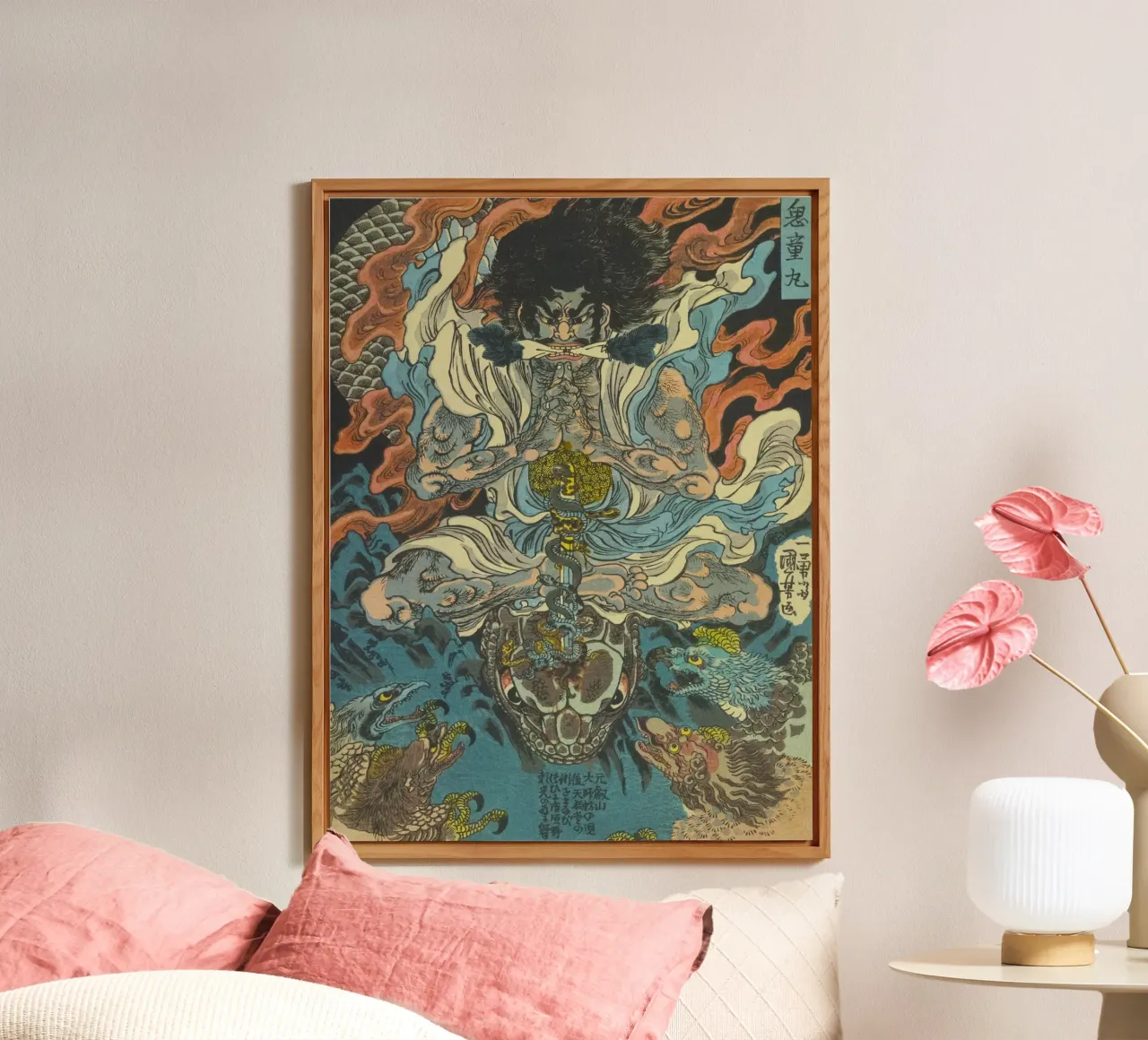 Guerrier samouraï battant un python - Ukiyo-e japonais d'époque alu dibond de Masterpieces Of Japanese Art