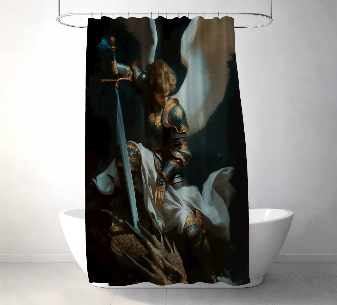 Angel vs Dragon shower curtain by Fleur de Lys