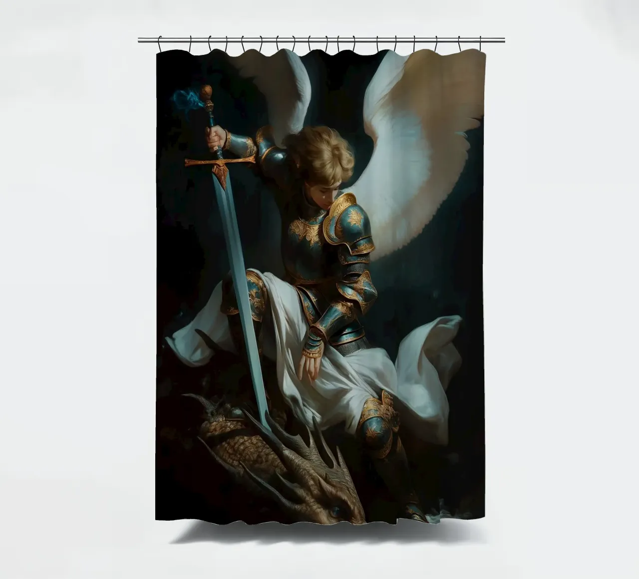 Angel vs Dragon shower curtain by Fleur de Lys