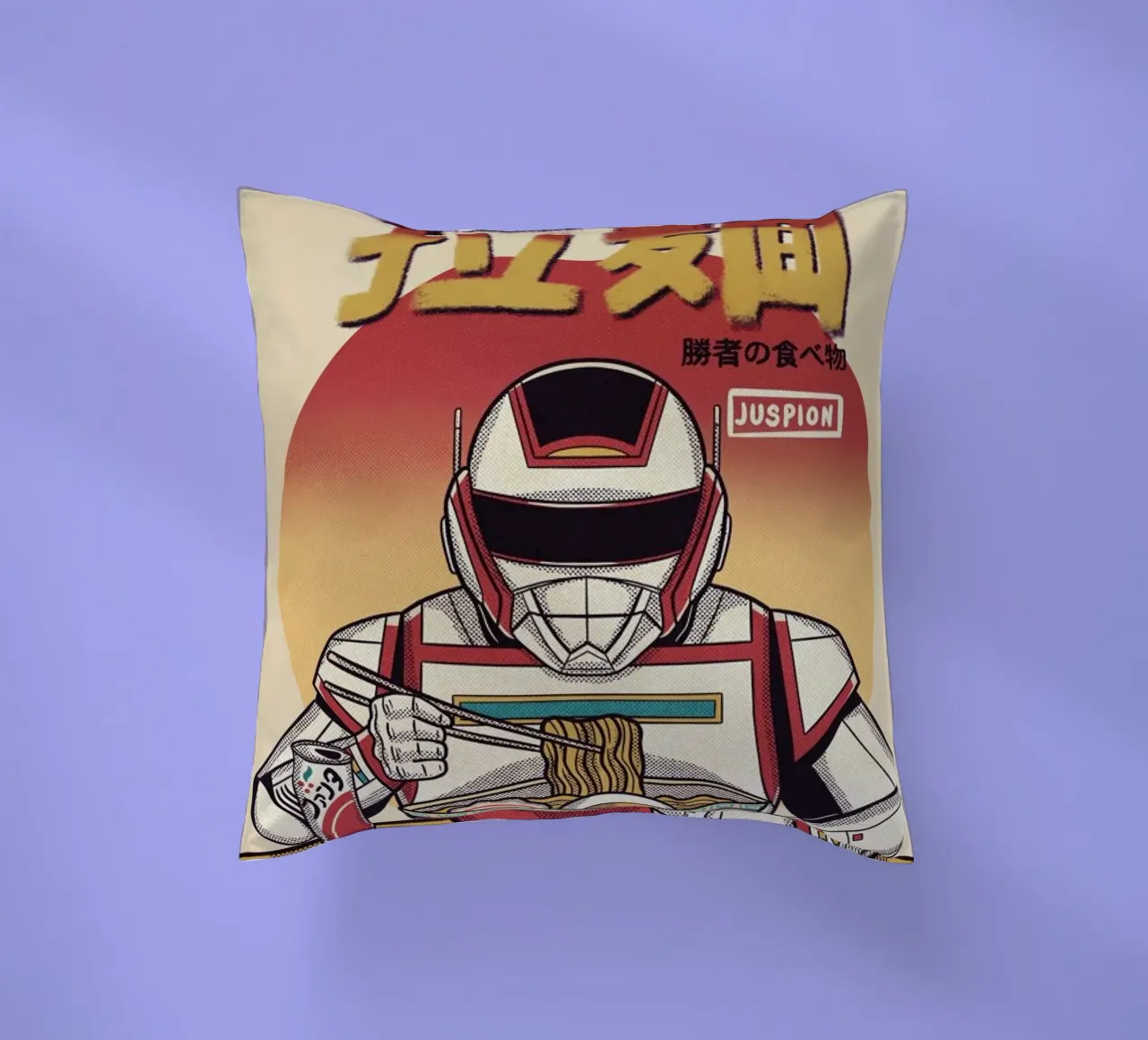 Juspion Eating Ramen decorative cushion by Rafa Gomes