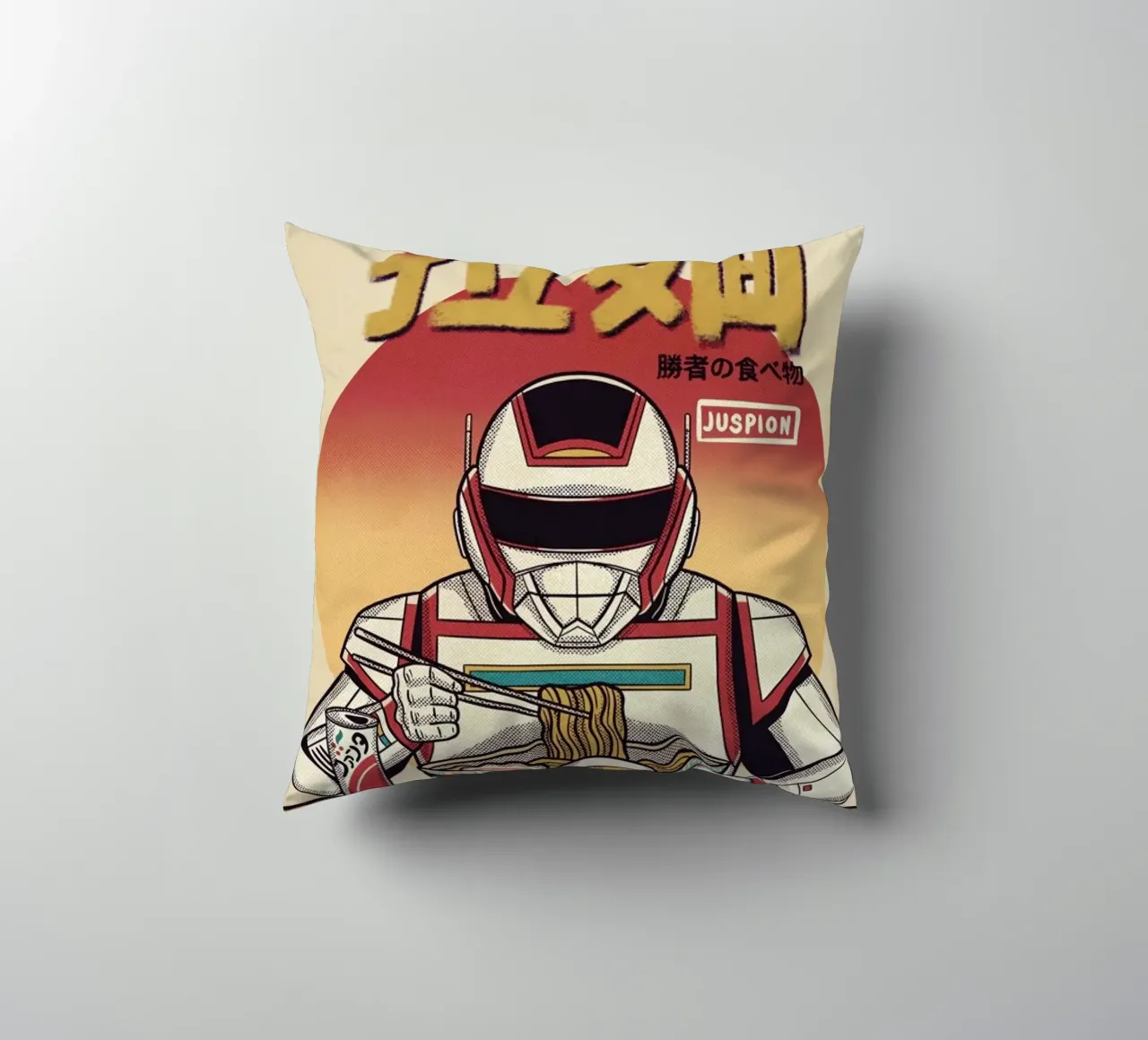 Juspion Eating Ramen decorative cushion by Rafa Gomes