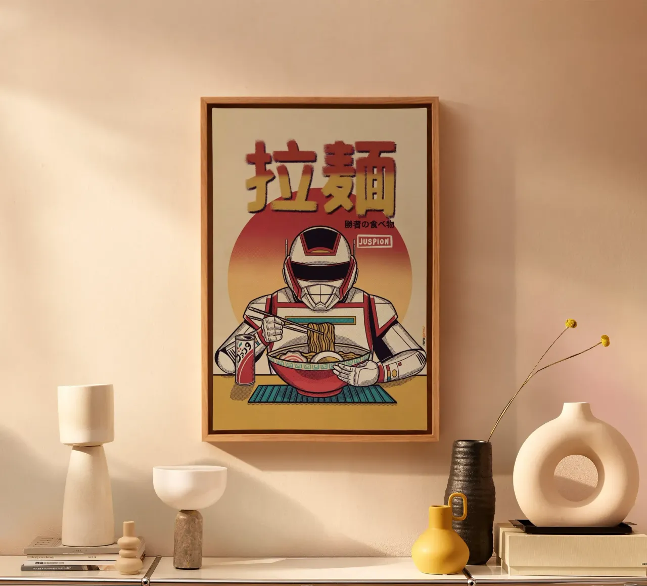 Juspion Eating Ramen canvas met Baklijst van Rafa Gomes