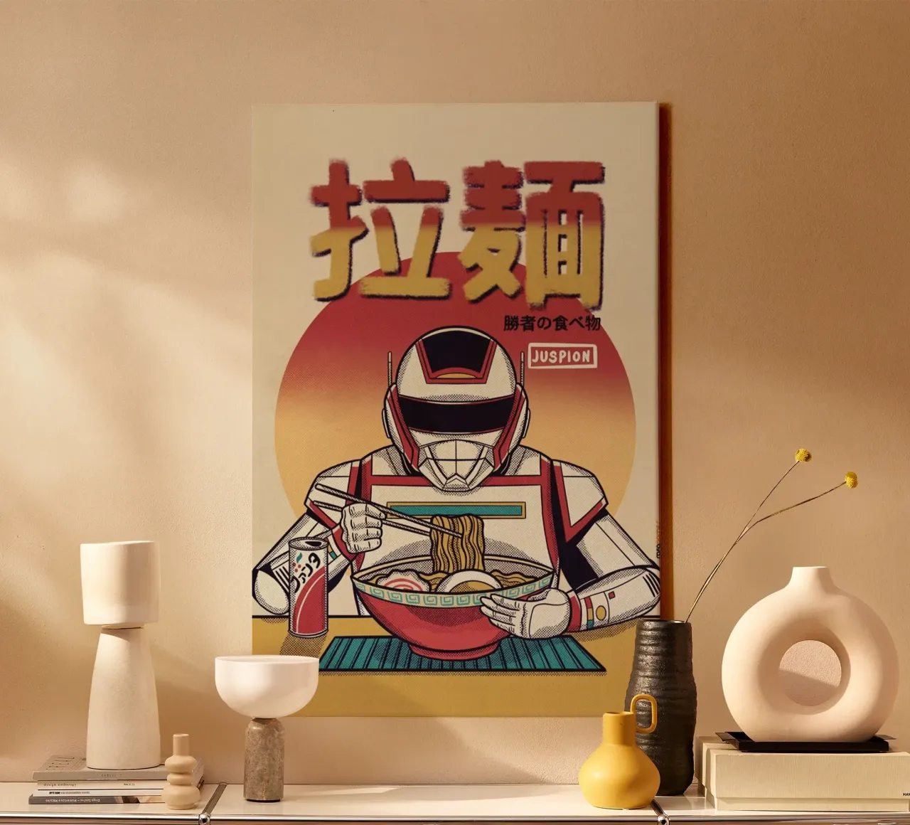 Juspion Eating Ramen canvas met Baklijst van Rafa Gomes