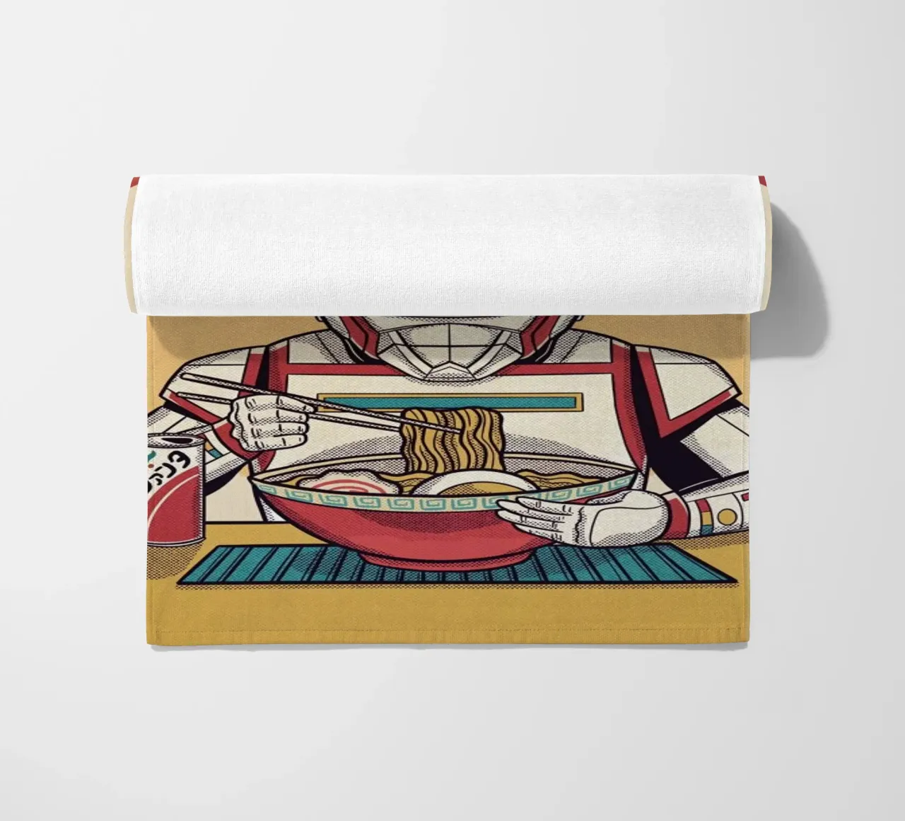 Juspion Eating Ramen beach towel by Rafa Gomes
