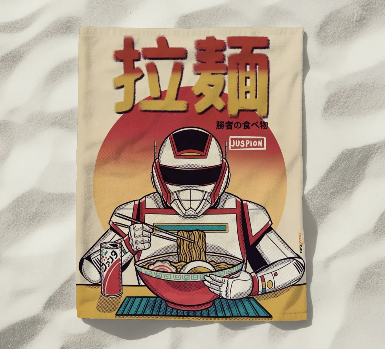 Juspion Eating Ramen beach towel by Rafa Gomes