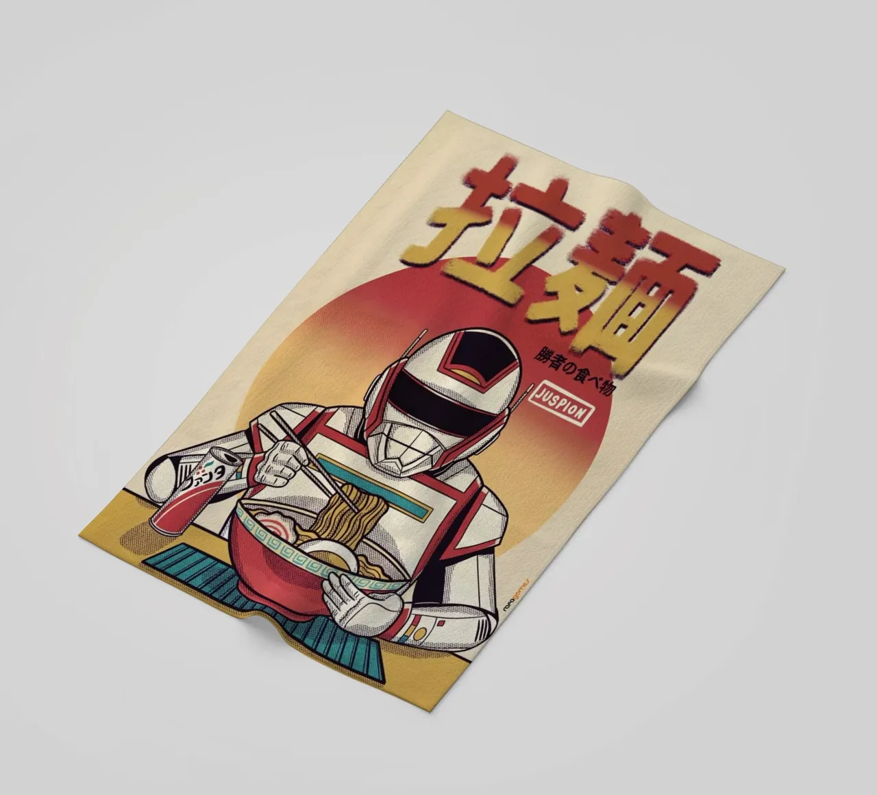 Juspion Eating Ramen beach towel by Rafa Gomes