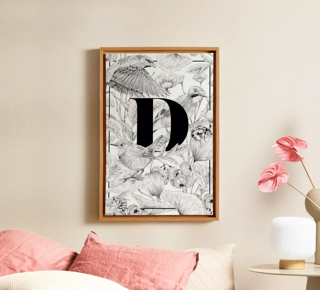 Floral Alphabet D canvas met Baklijst van Faunesque