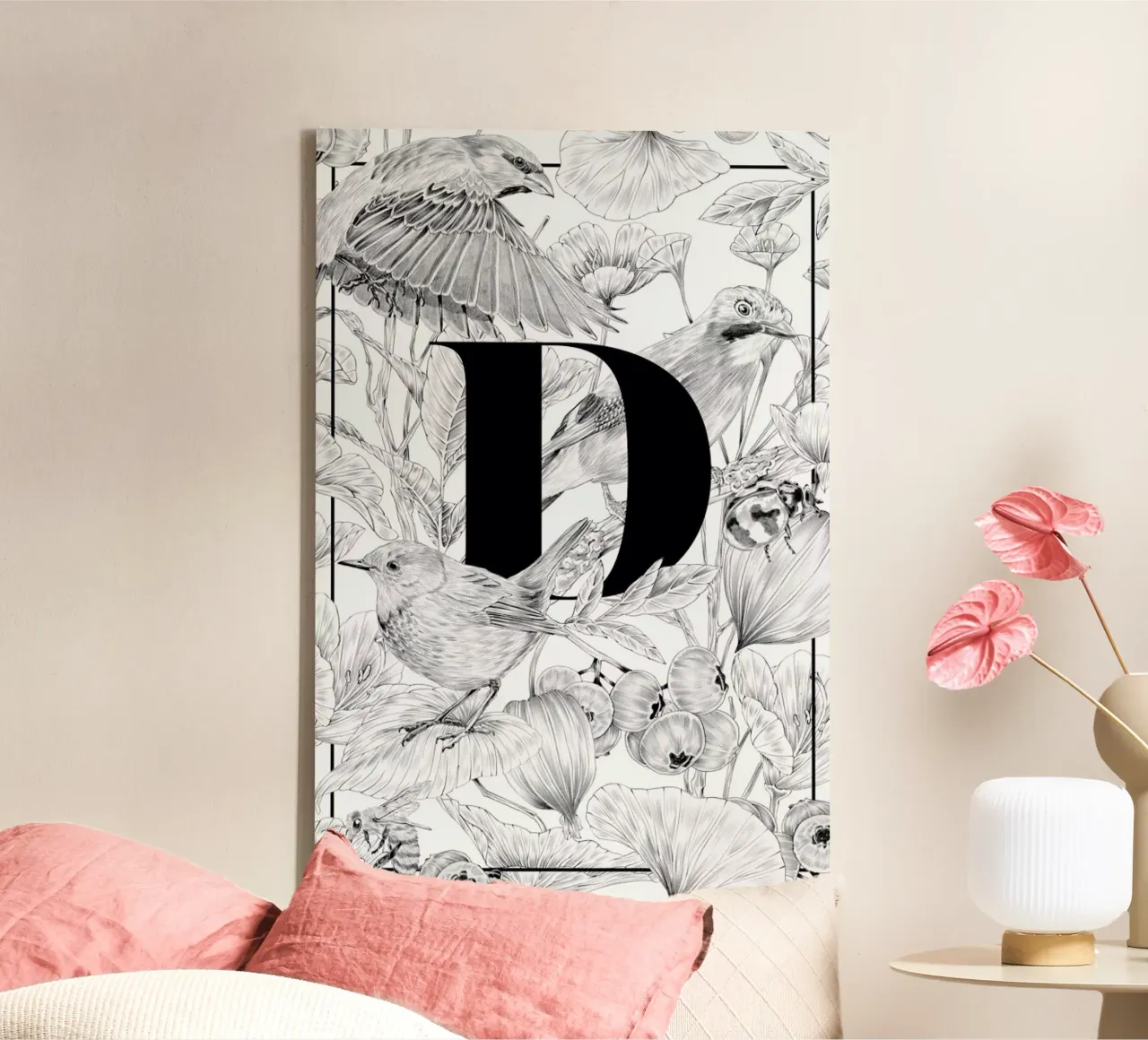 Floral Alphabet D canvas met Baklijst van Faunesque