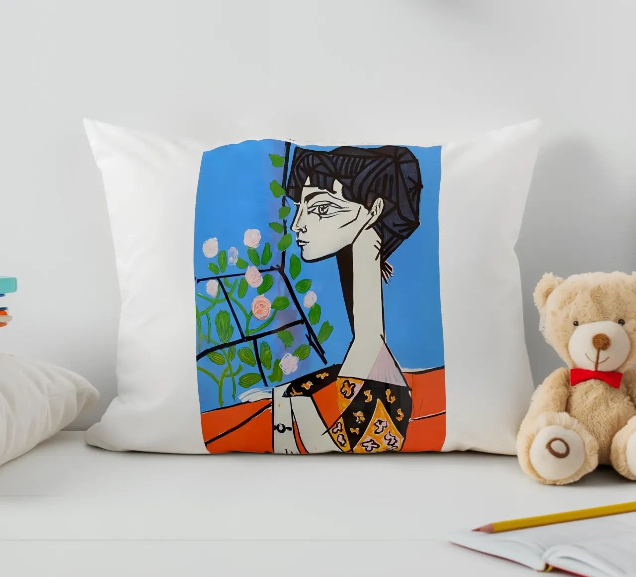 Ein Mädchen mit Blume im Picasso-Stil Kissen von careytowne1