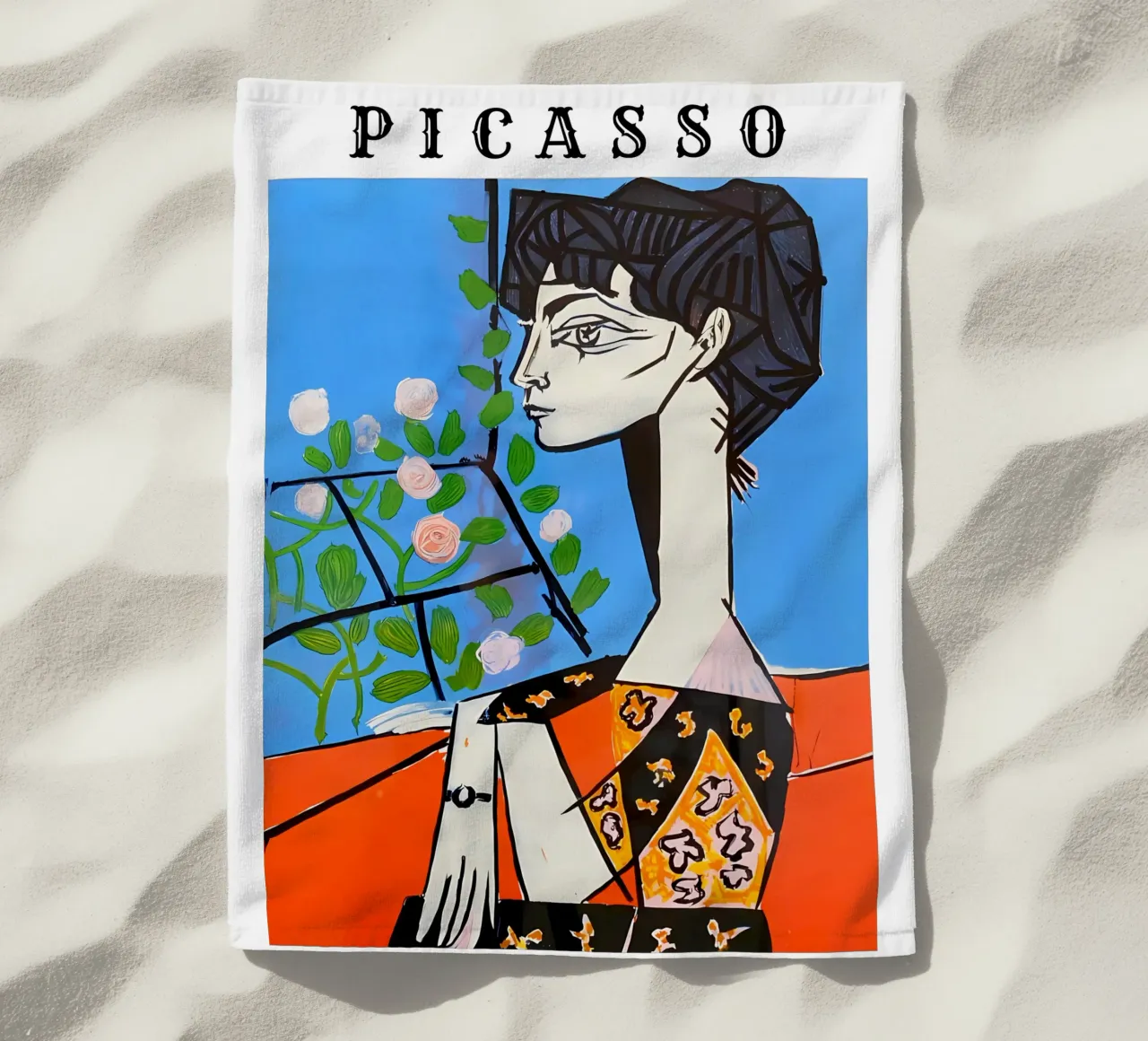Meisje met bloem op Picassostijl strandhanddoek van careytowne1