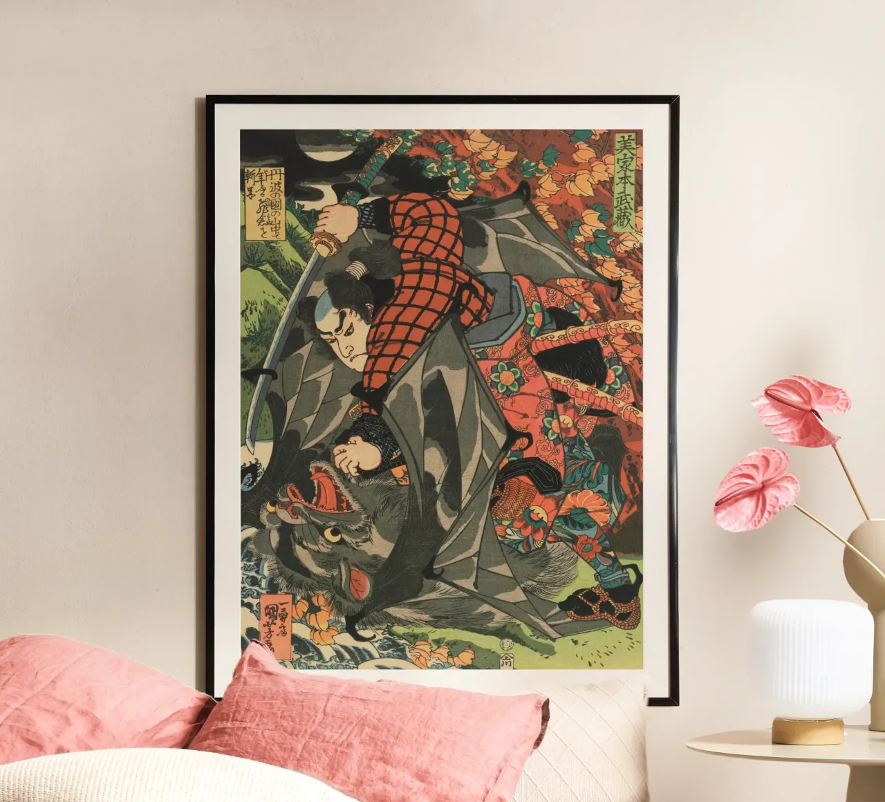Samurai Defeating Monster Bat - Vintage Japanese Ukiyo-e hahnemühle by Masterpieces Of Japanese Art