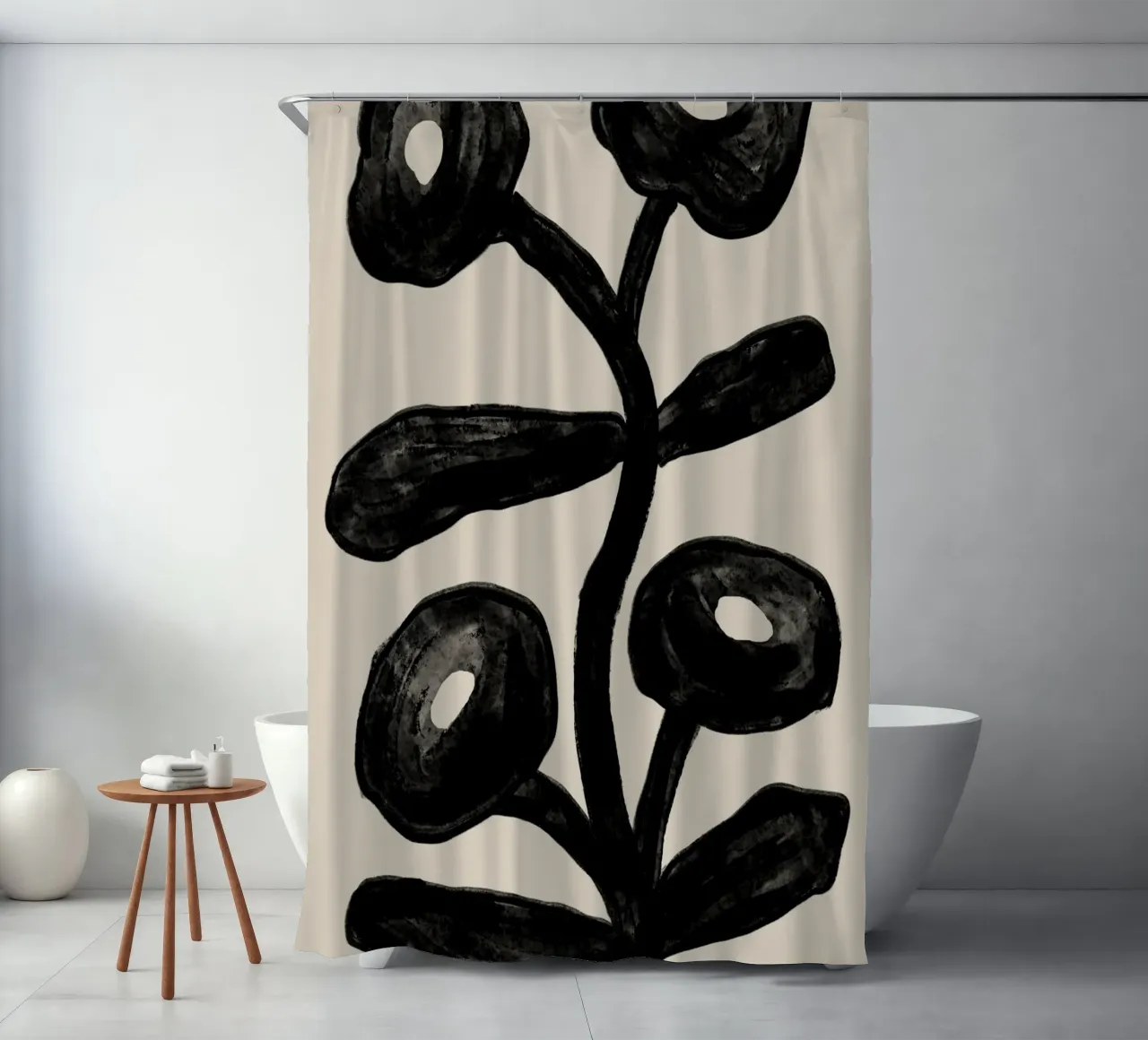 Abstract Black Floral Branch on Beige shower curtain by Melloi Art Print