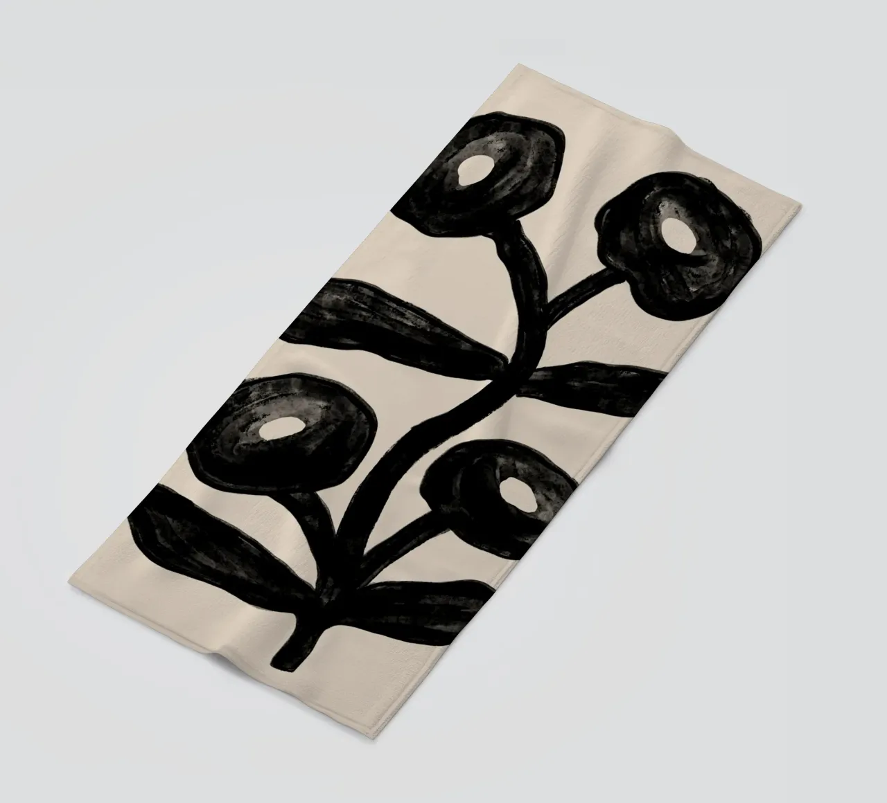 Abstract Black Floral Branch on Beige beach towel by Melloi Art Print