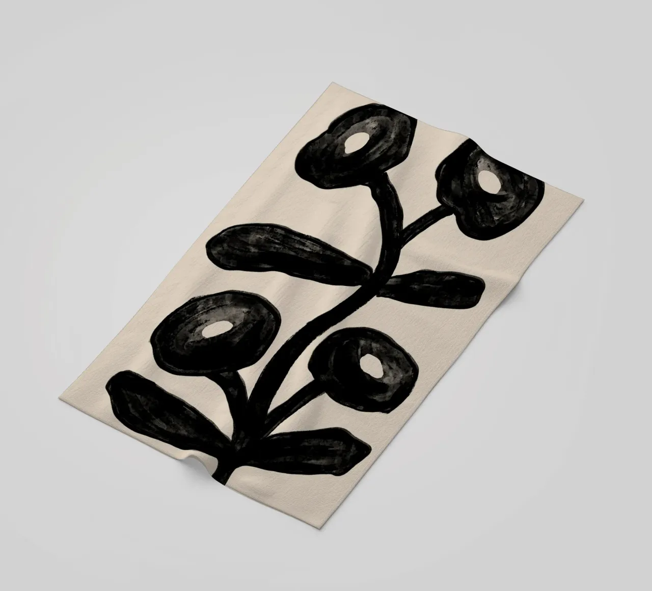 Abstract Black Floral Branch on Beige beach towel by Melloi Art Print