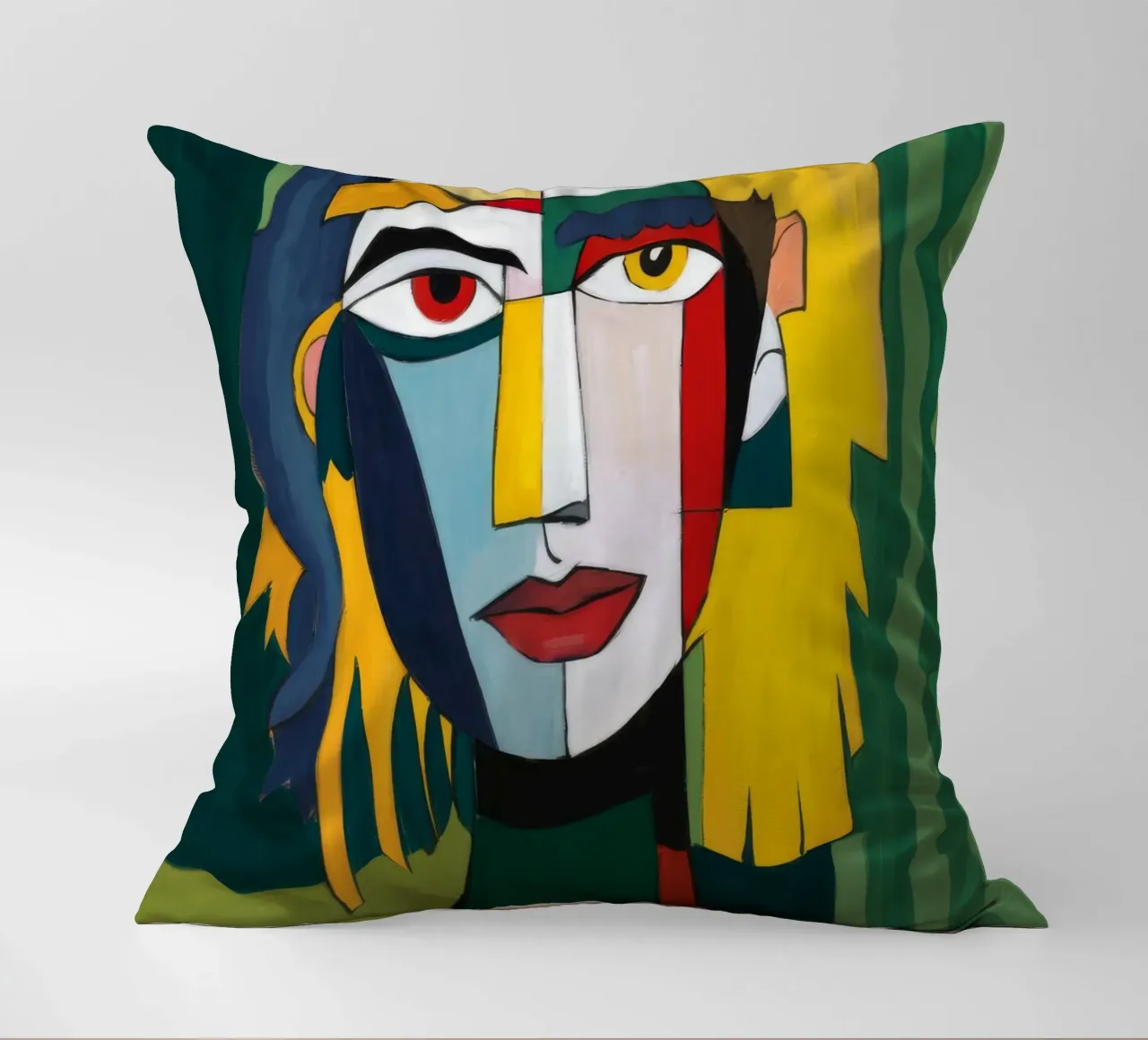 Cubist Emerald Gaze decorative cushion by Peak Delusion