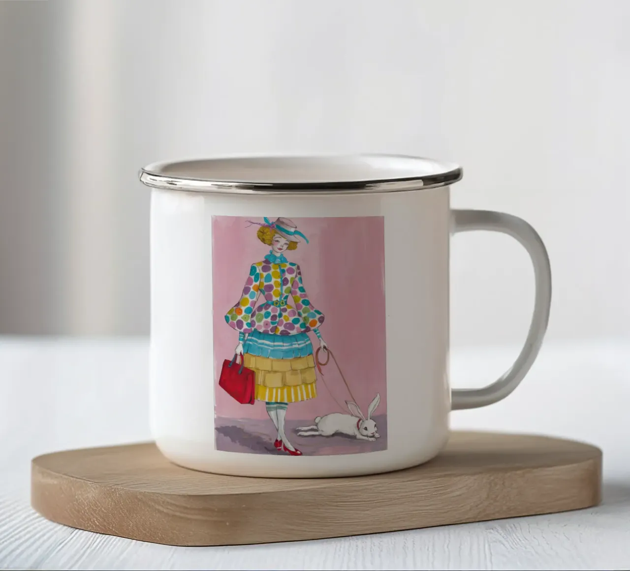 Coniglietto a spasso con capriccio tazza in smalto da Peak Delusion