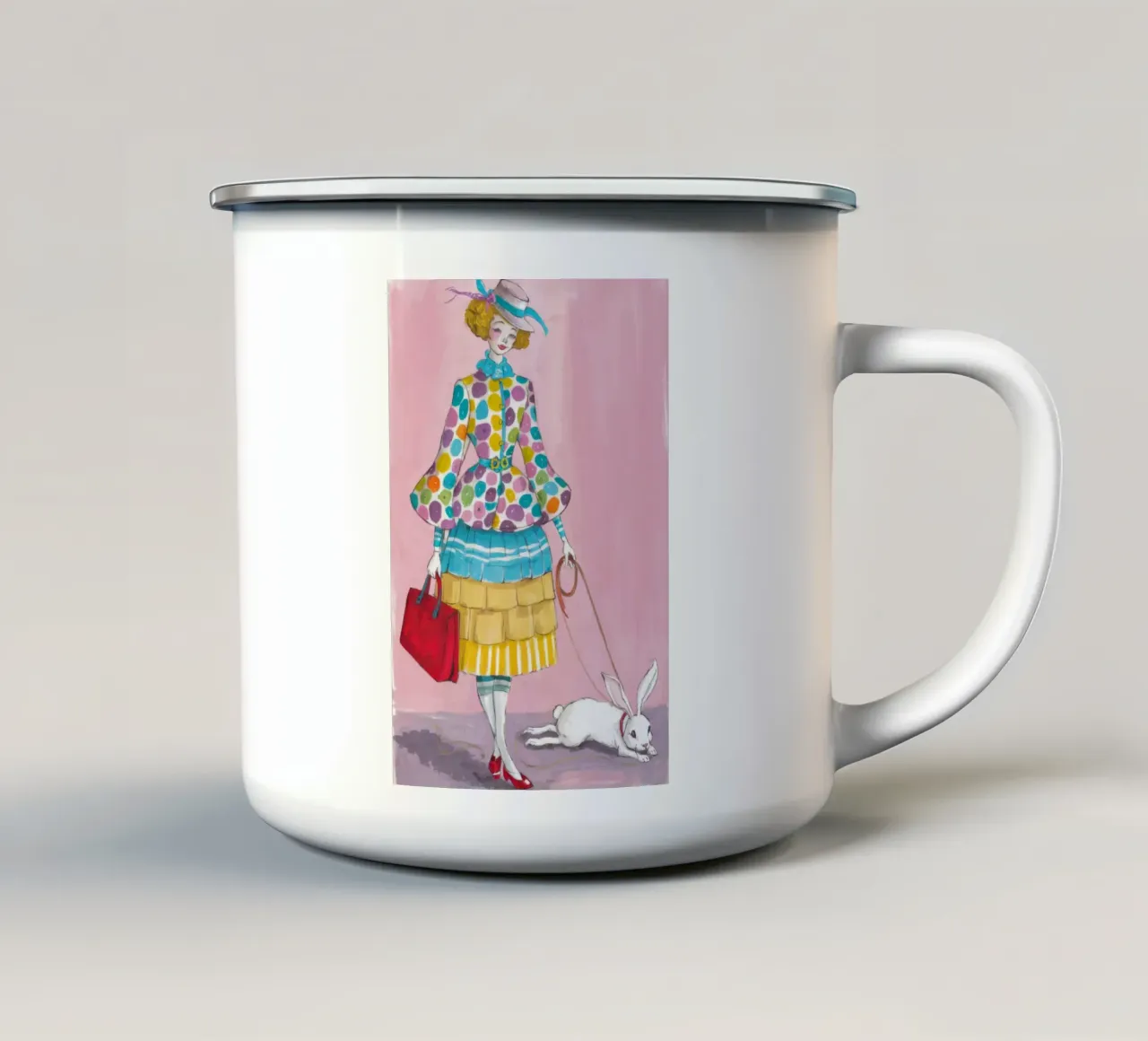 Coniglietto a spasso con capriccio tazza in smalto da Peak Delusion