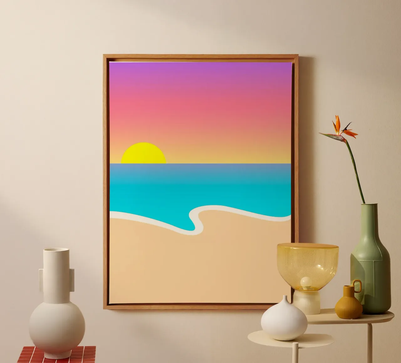 schemerlandschap oceaan canvas met Baklijst van pastel color shape