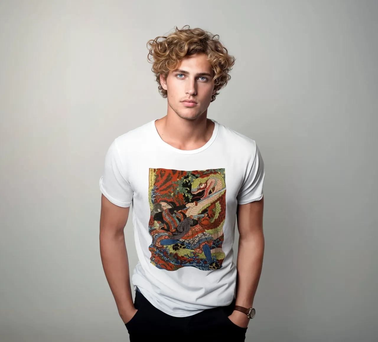 Samurai Warrior Fighting Snake - Vintage Japanese Ukiyo-e t-shirt by Masterpieces Of Japanese Art