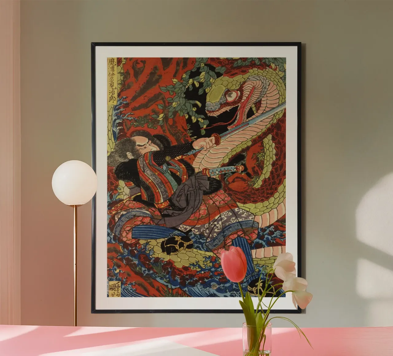 Samurai Warrior Fighting Snake - Vintage Japanese Ukiyo-e poster con telaio in alluminio da Masterpieces Of Japanese Art