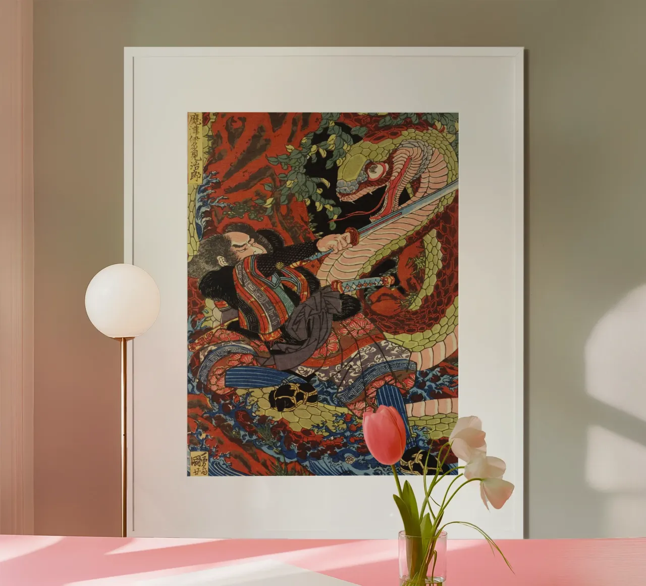 Samurai Warrior Fighting Snake - Vintage Japanese Ukiyo-e poster con telaio in alluminio da Masterpieces Of Japanese Art