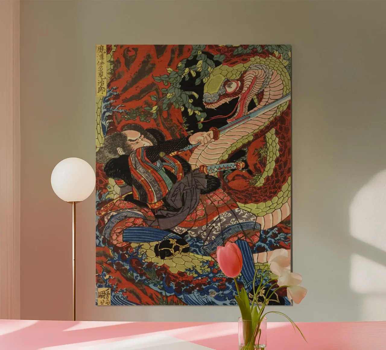 Samurai Warrior Fighting Snake - Vintage Japanese Ukiyo-e poster con telaio in alluminio da Masterpieces Of Japanese Art
