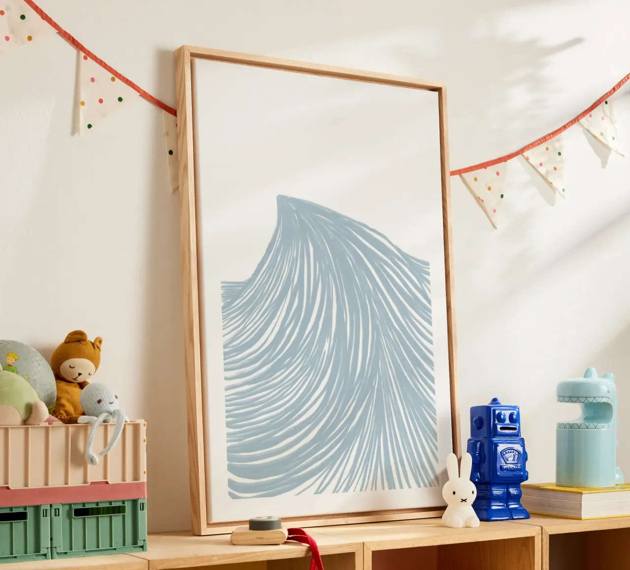 Abstracte lichtblauwe golven op wit canvas met Baklijst van Melloi Art Print