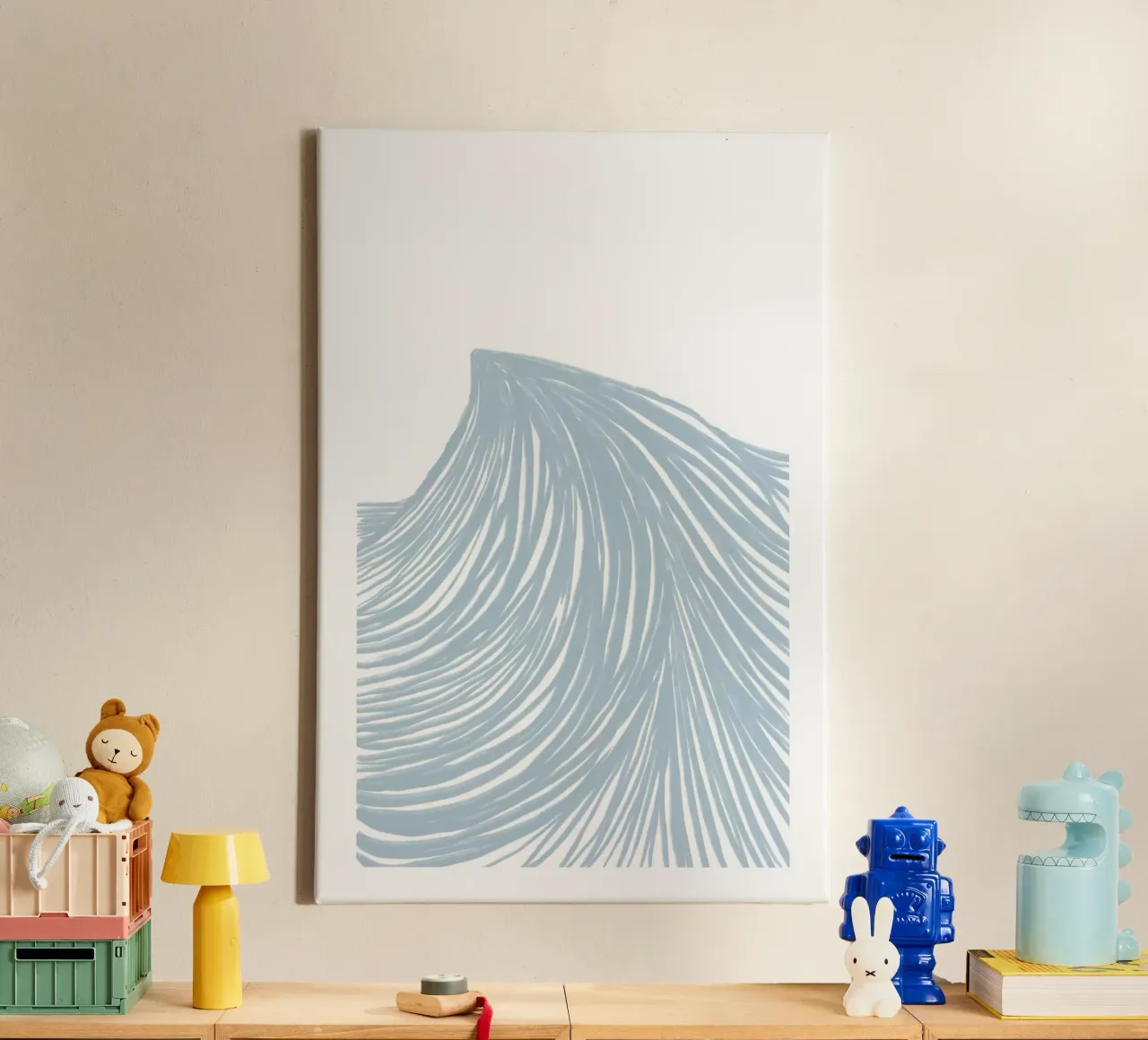Abstracte lichtblauwe golven op wit canvas met Baklijst van Melloi Art Print