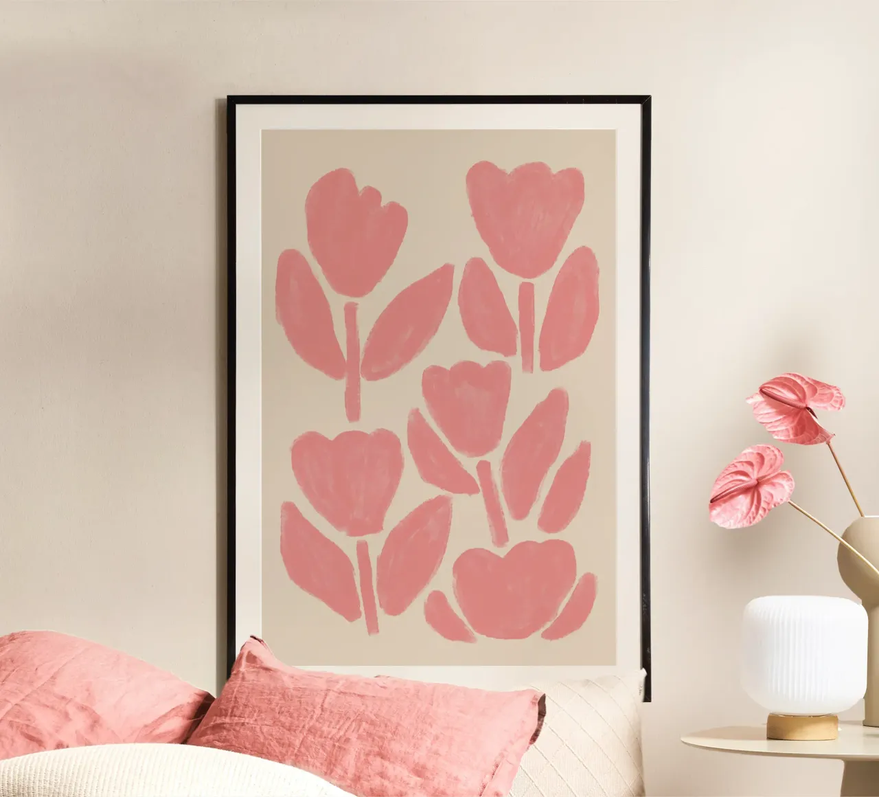 Abstract Roze Tulpen op Beige poster van Melloi Art Print