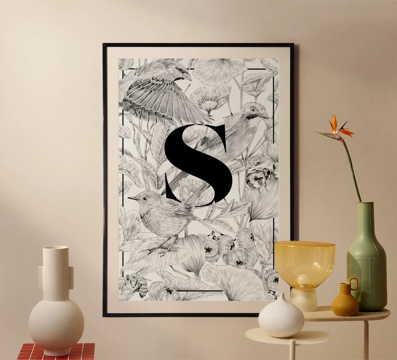Floral Alphabet S1 poster con telaio in alluminio da Faunesque