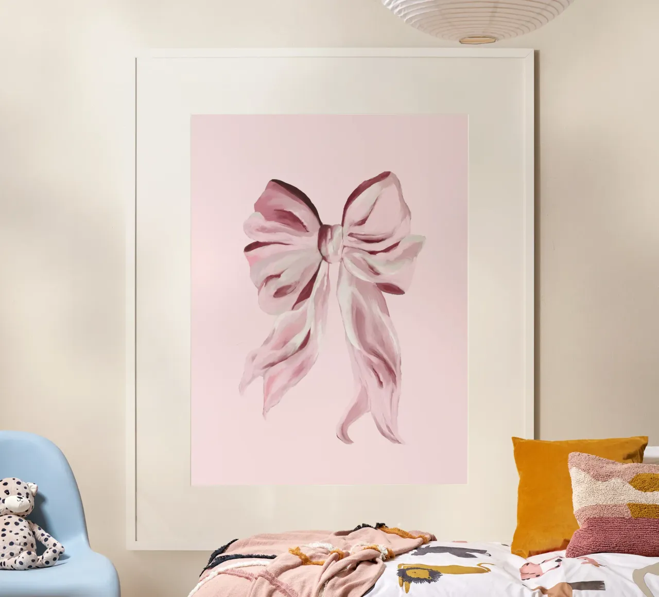 Elegant Pink Oil Painted Bow on Pale Blush Background poster with wooden frame by mysteriouscoco