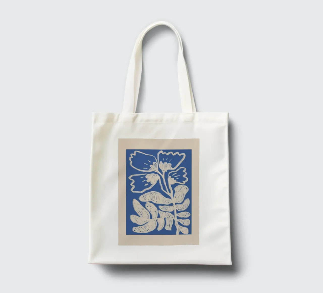 Abstract Blue Floral Botanical on Beige tote bag by Melloi Art Print